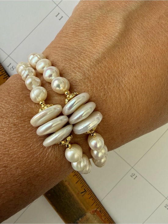 Jewelry - Classic White Freshwater Pearl Stack Bracelet with Gold Accents